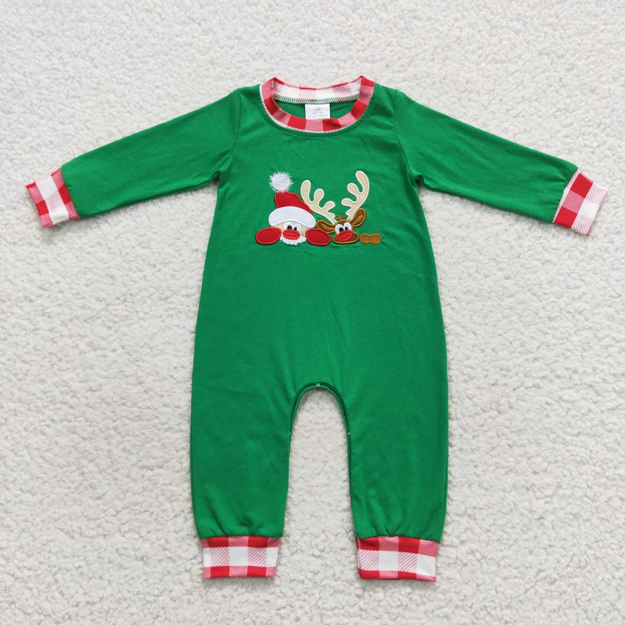 Christmas Green Embroidery Snowman Deer Baby Boy Romper