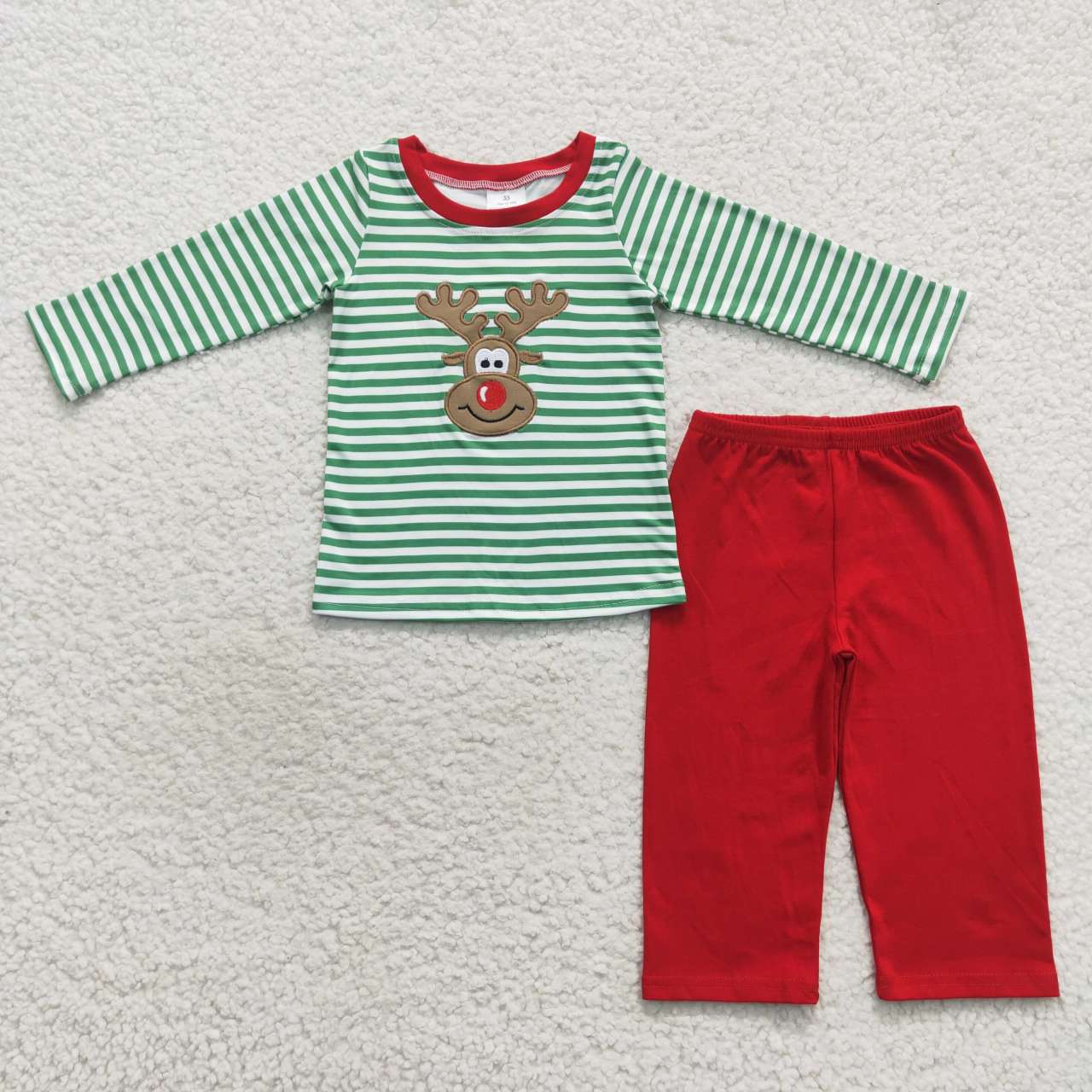 Christmas Green Stripe Embroidery Deer Boy Outfits