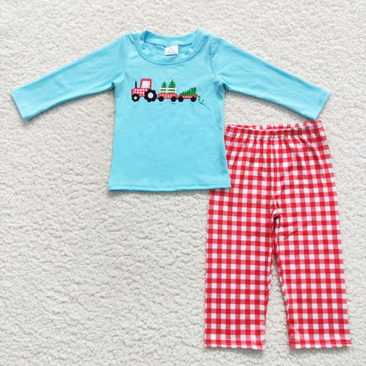 Blue Red Plaid embroidery Cartoon Pants Boy Outfit