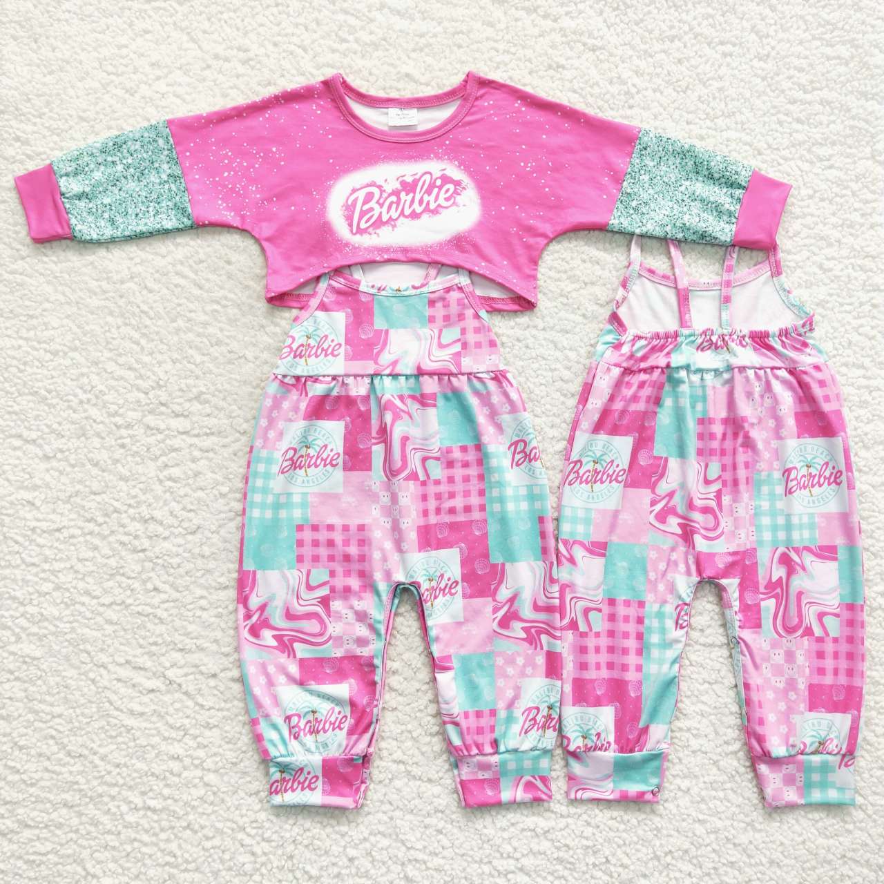 Pink Cartoon Girls Jumpsuit Set