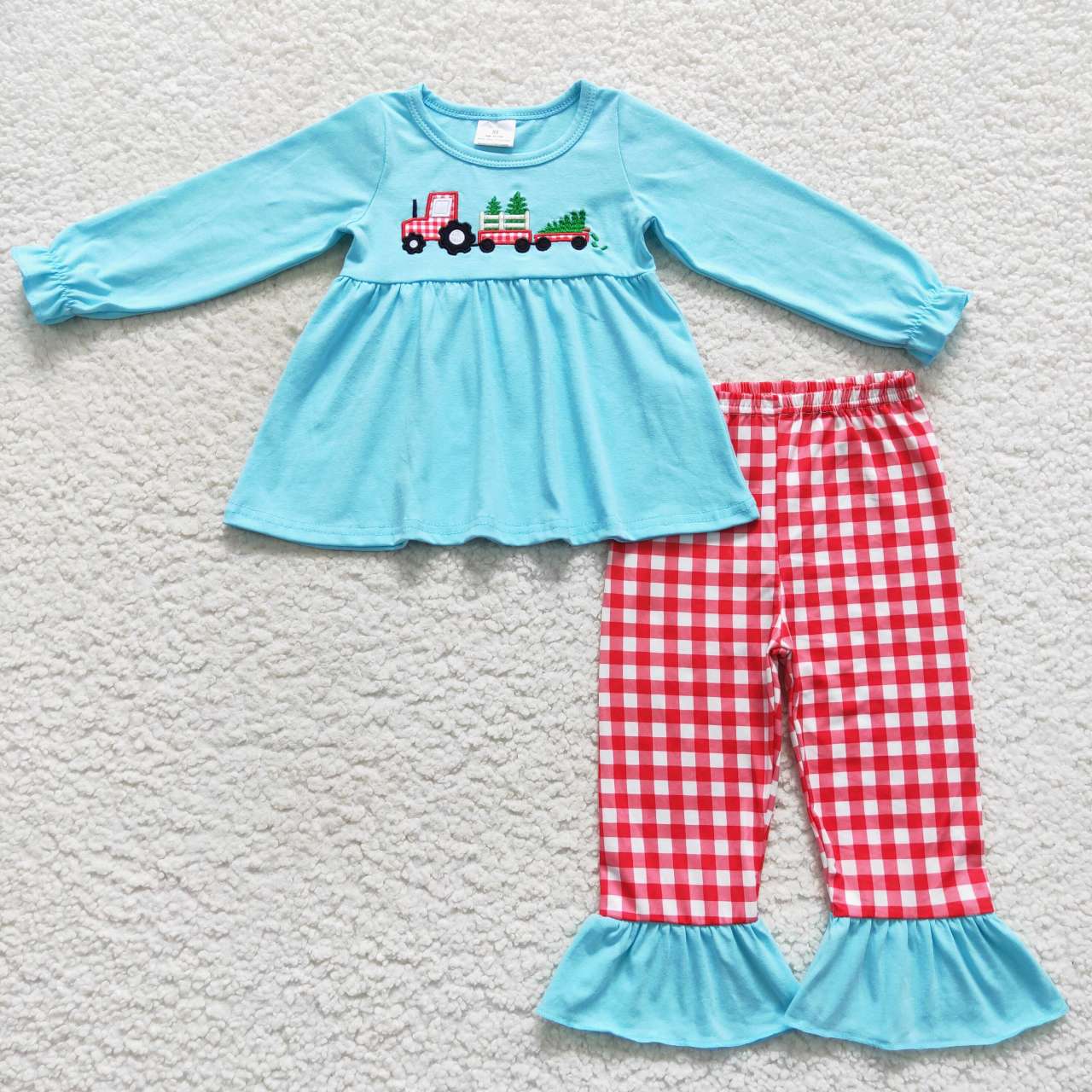 Blue Red Plaid Cartoon Pants Girls Set