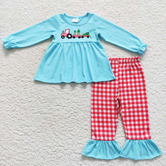 Blue Red Plaid Cartoon Pants Girls Set