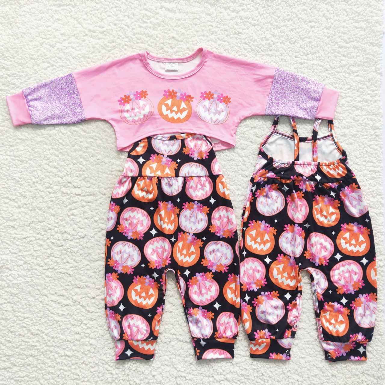 Pink Pumpkin Cartoon Jumpsuit Girls Set