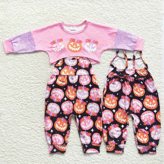 Pink Pumpkin Cartoon Jumpsuit Girls Set