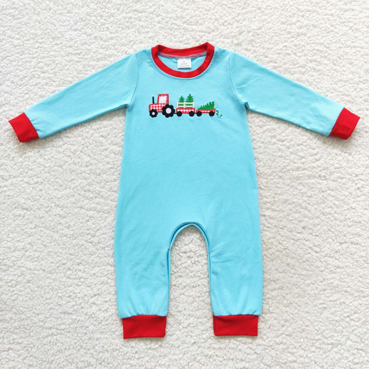 Christmas Blue Embroidery Car Tree Baby Boy Romper