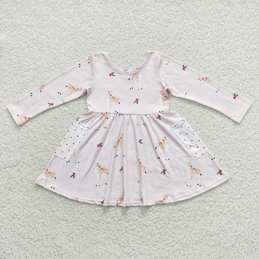 Christmas Deer Pink Long Sleeve Girls Dress