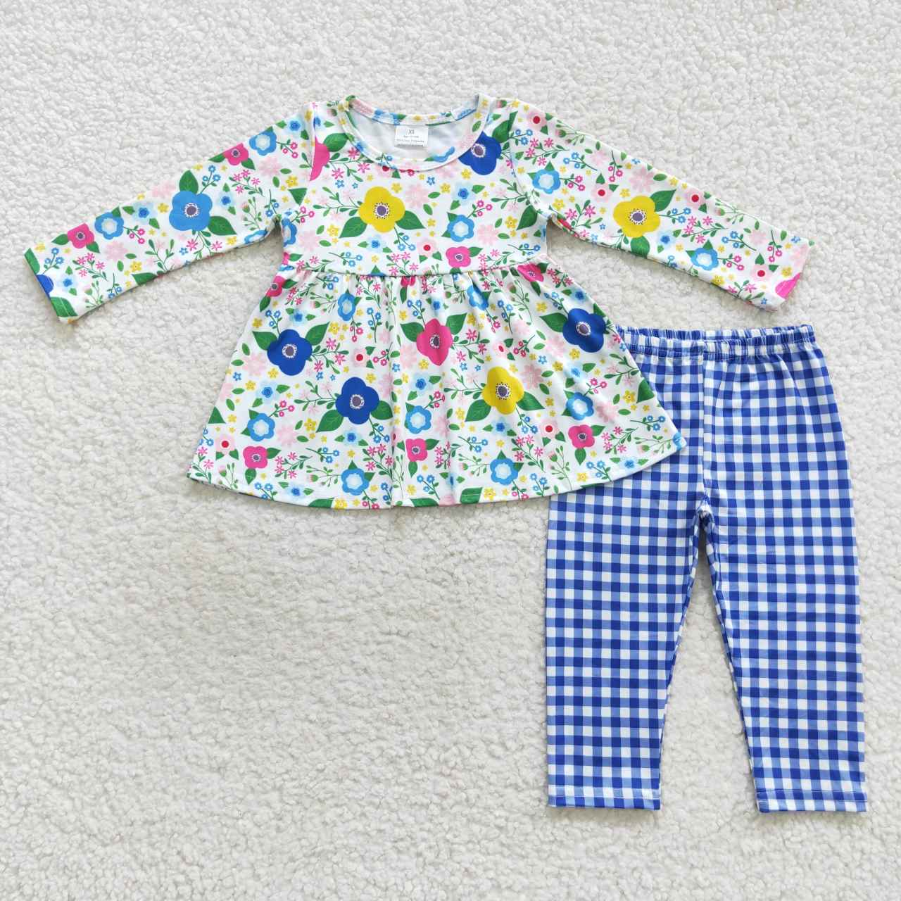 Fall Outfits Flowers Blue Plaid Girls Set