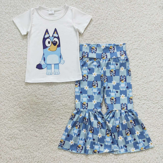 Cartoon Dog Print Blue Bell Pants Girls Set