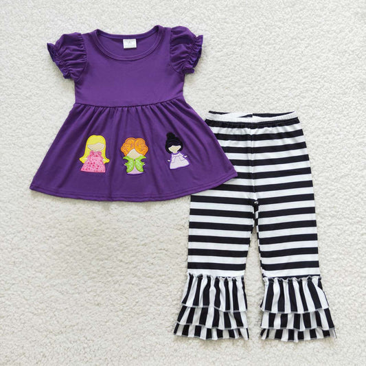 Halloween Cartoon Print embroider Short Sleeve Girls Set