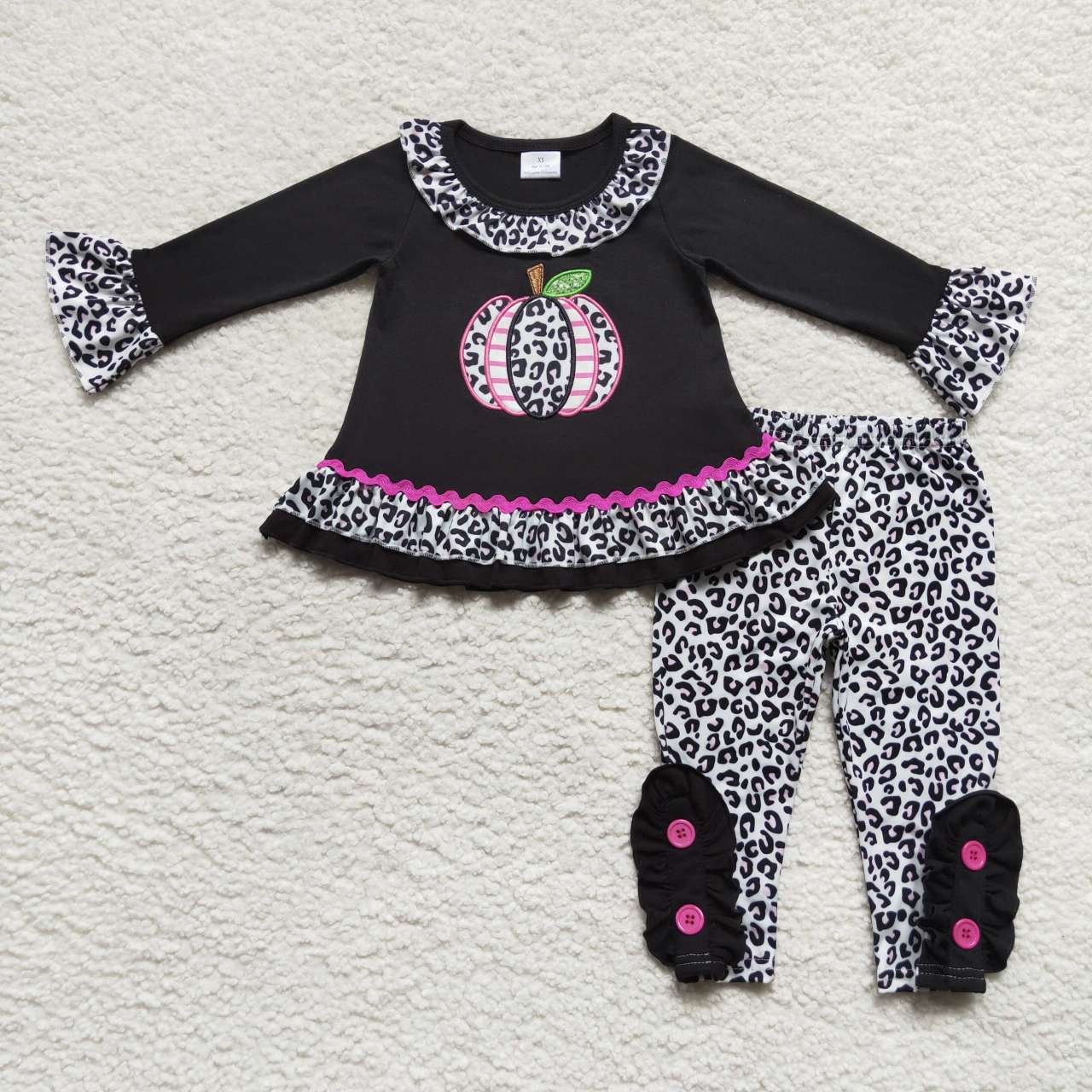 Fall Outfits Embroidery Leopard Pumpkin Girls Set