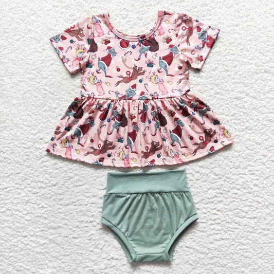 Christmas Cartoon Print Green Girls Bummies