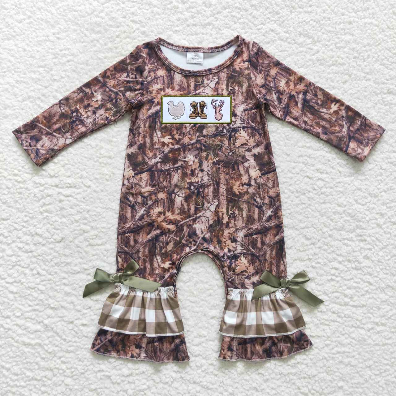 Christmas Embroidery Camo Deer Girls Romper