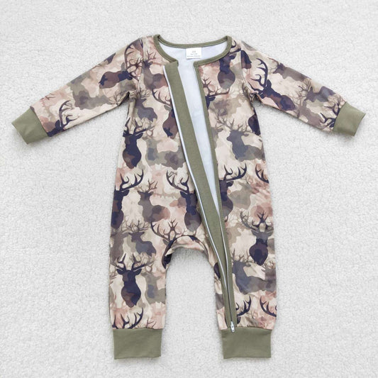 Green Deer Baby Ruffle Romper With zipper