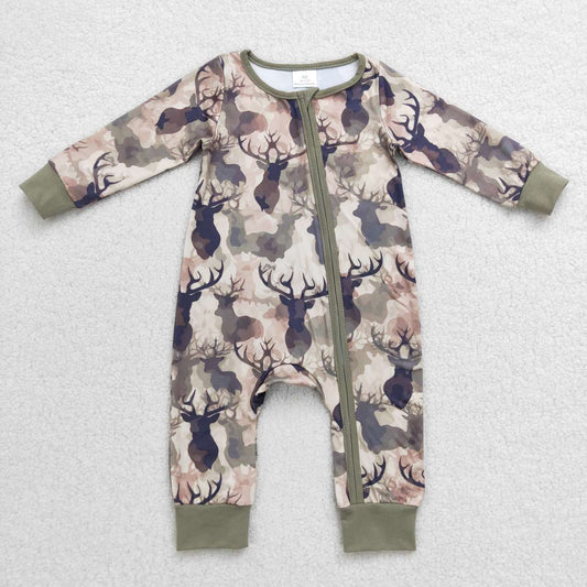 Green Deer Baby Ruffle Romper With zipper