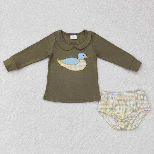 Green Embroidery Duck Print bummie outfit
