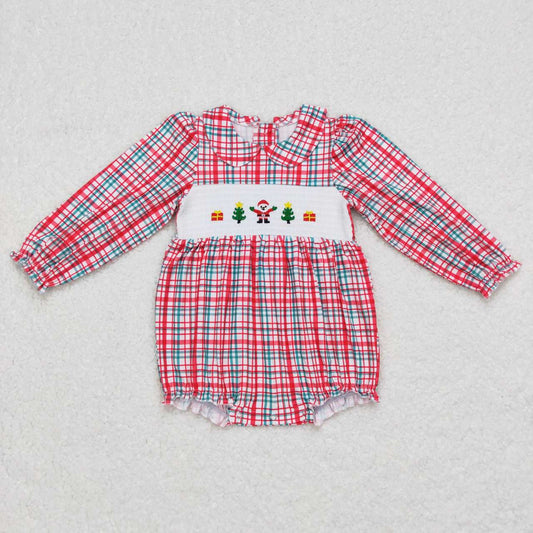 Christmas Embroidered Santa Red Plaid Baby long Romper