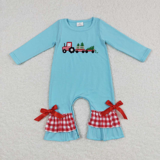 Christmas Blue Embroidery Car Tree Baby Girls Romper