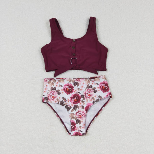 burgundy floral 2pc girls summer Swimsuit