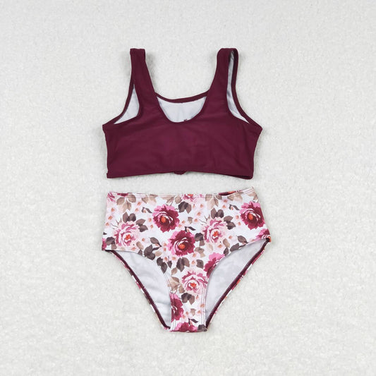 burgundy floral 2pc girls summer Swimsuit