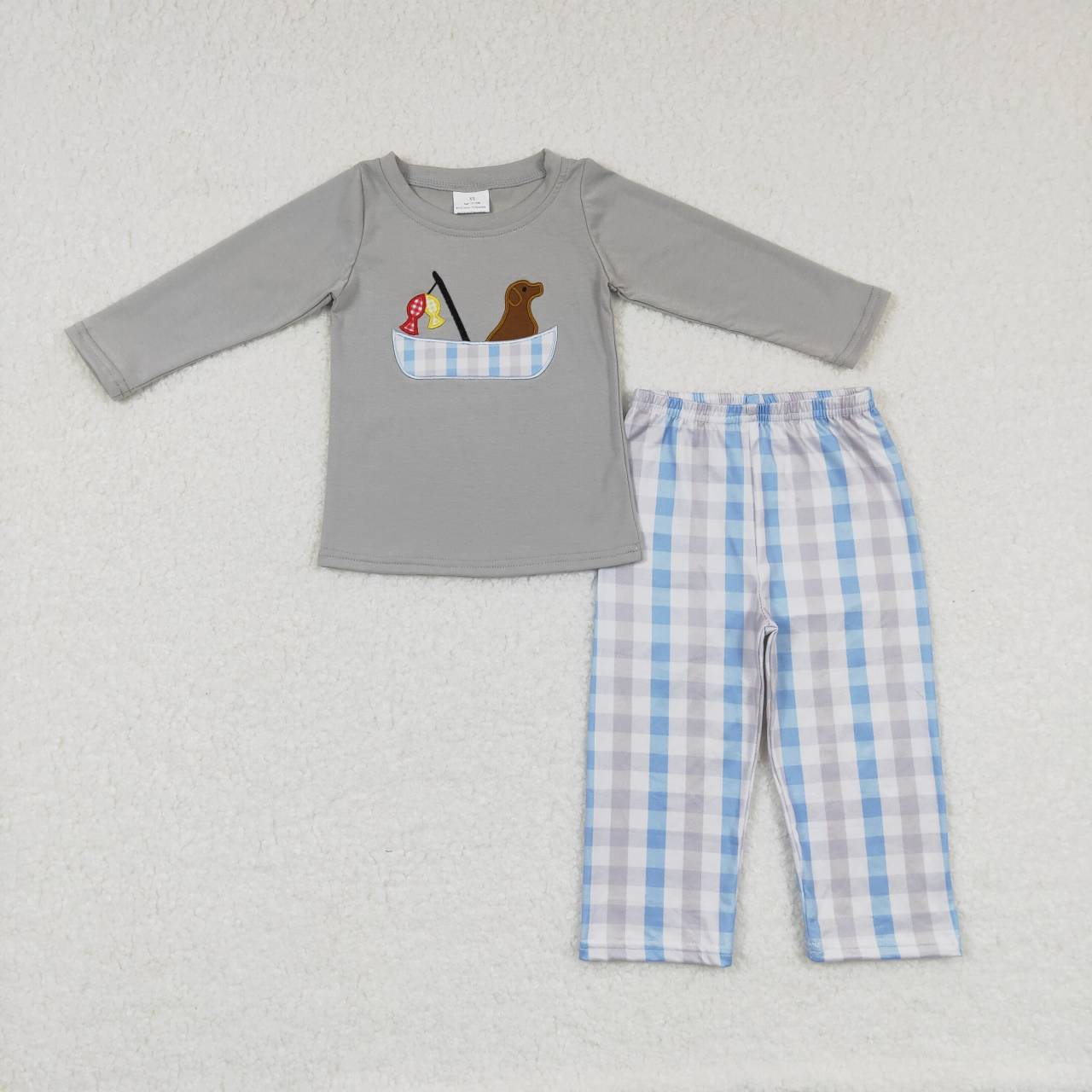 Grey Go Fishing Dog Plaid Boy Set
