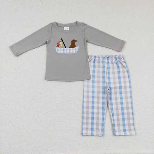 Grey Go Fishing Dog Plaid Boy Set