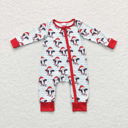 Christmas Cow Print Baby Romper With zipper