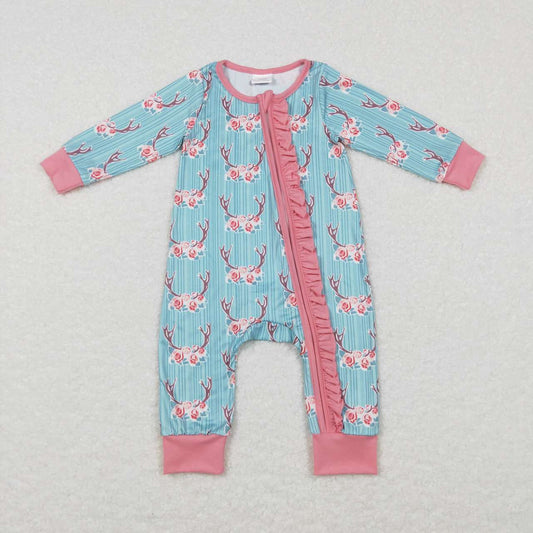 Blue Deer Print Baby Romper With zipper