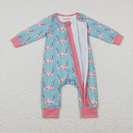 Blue Deer Print Baby Romper With zipper