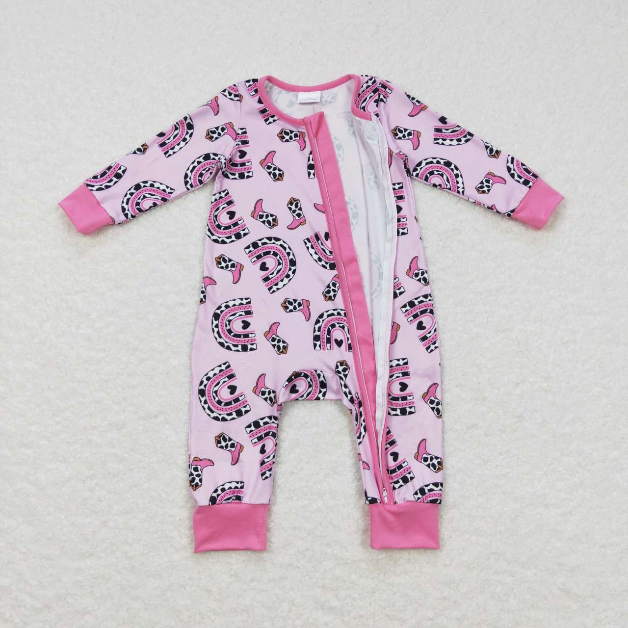 Pink Leopard Cow Boots with Zipper Baby Romper