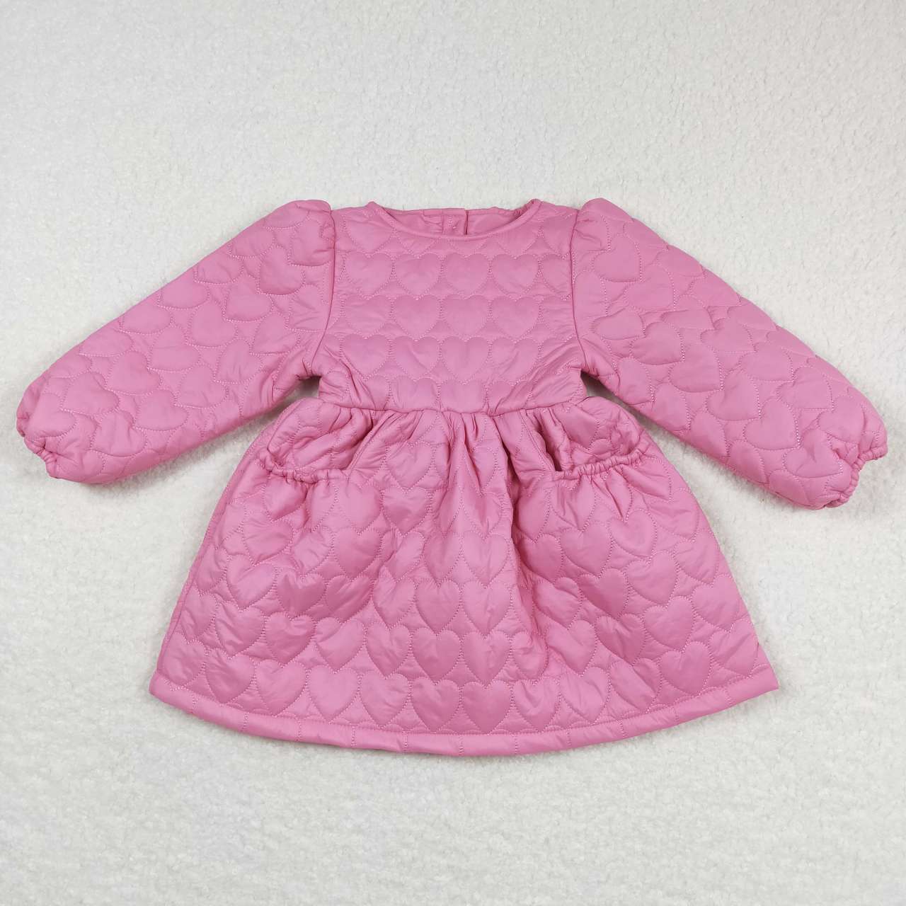 Solid Pink Cotton Long Sleeve Girls Dress