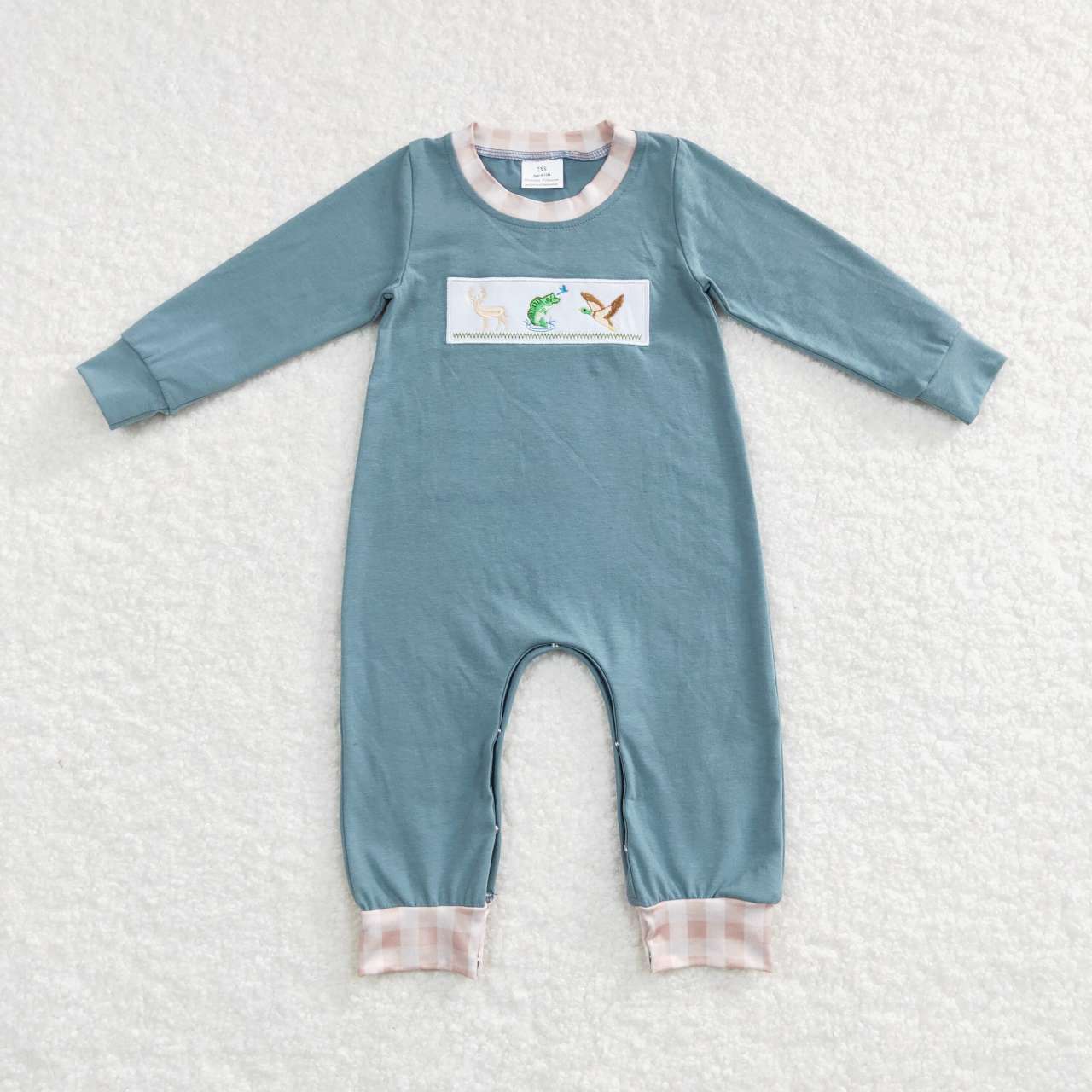 Blue Embroidery Deer Fish Duck Baby Romper