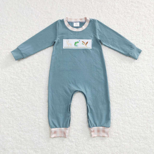 Blue Embroidery Deer Fish Duck Baby Romper