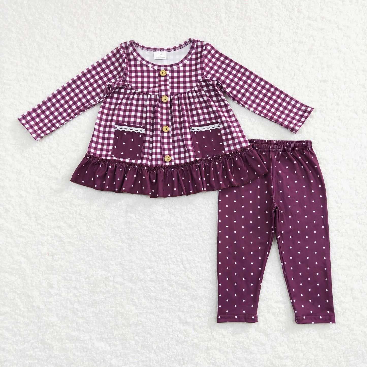 Fall Purple Plaid With Pocket Dots Pants Girls Set