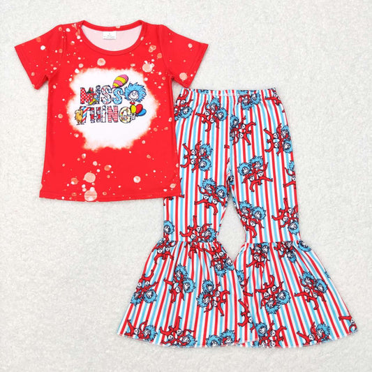 Red Cartoon Blue Stripe Print Bell Girls Set