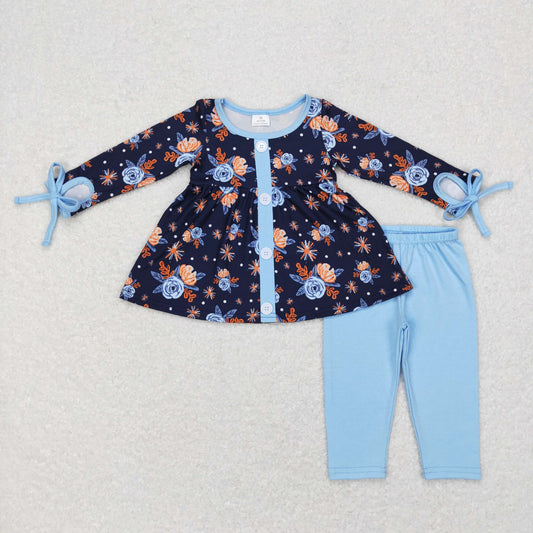 Fall Blue Floral long-sleeved pants Girls Set