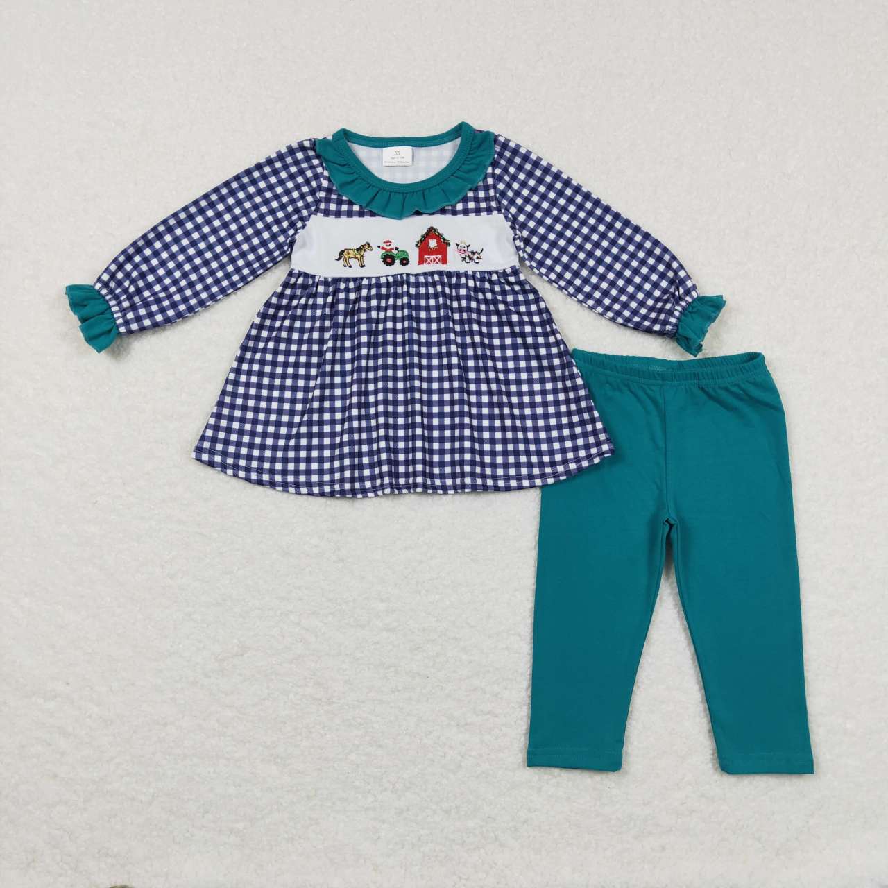 Fall Outfits Embroider farm Plaid Car Print Girls Set