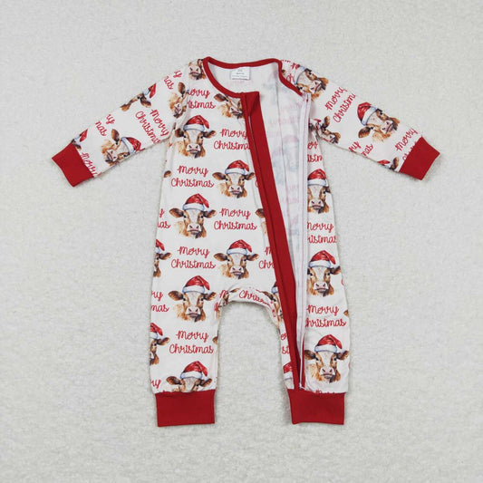 Christmas floral Cow Print Baby Romper With zipper