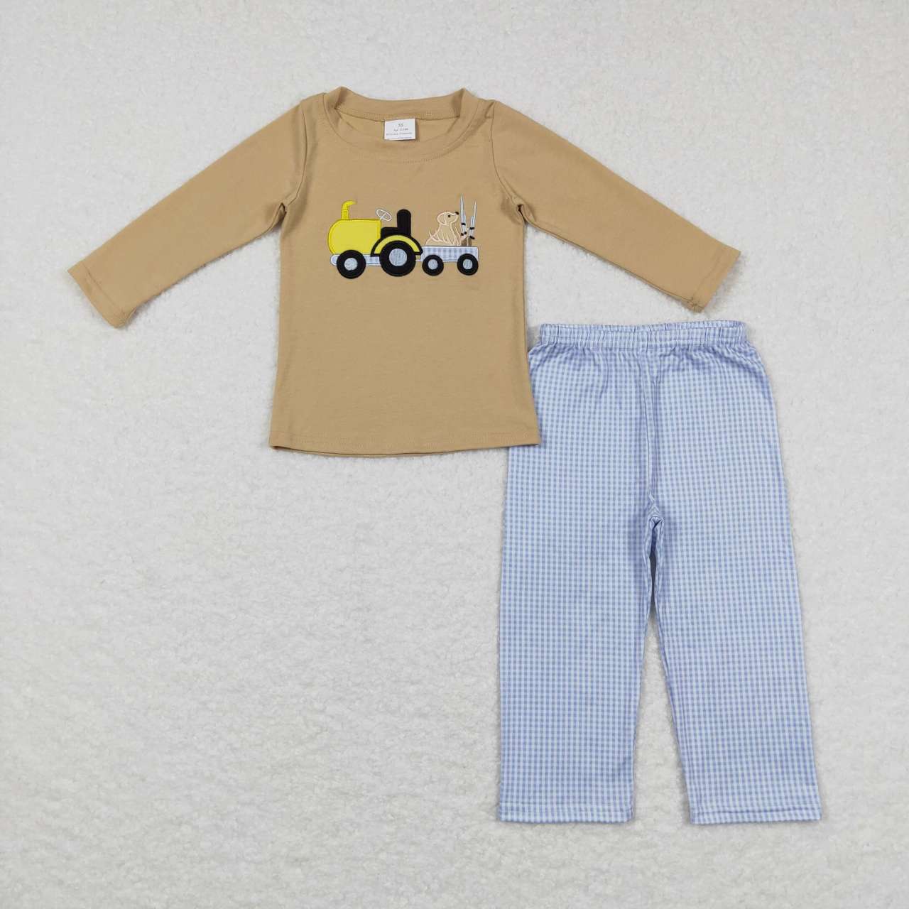 brown embroidered dog Plaid Print Boy Set