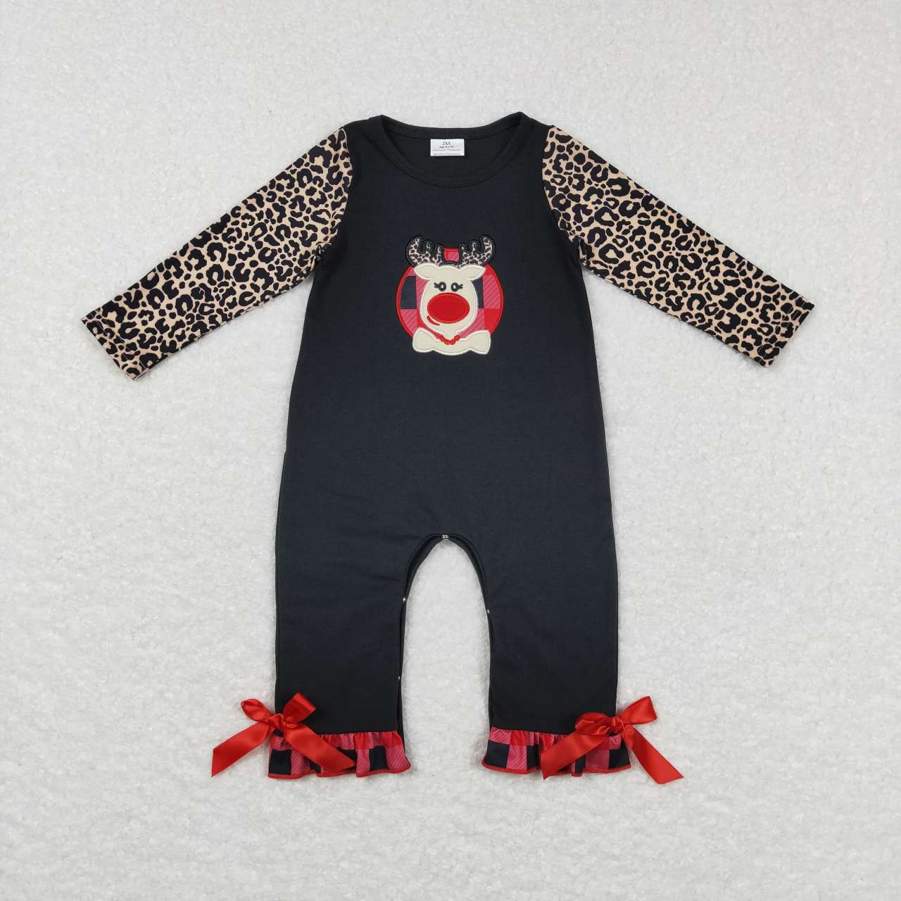 Christmas Deer Embroidered Leopard Baby Romper