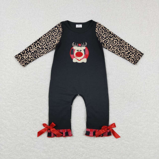 Christmas Deer Embroidered Leopard Baby Romper