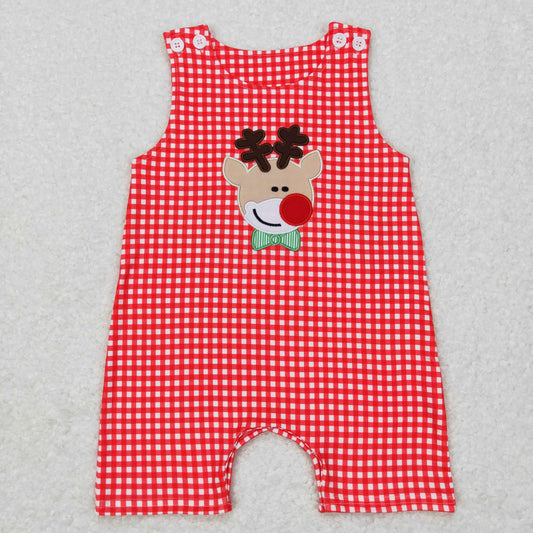 Christmas Embroidered Deer Red Plaid Short Romper