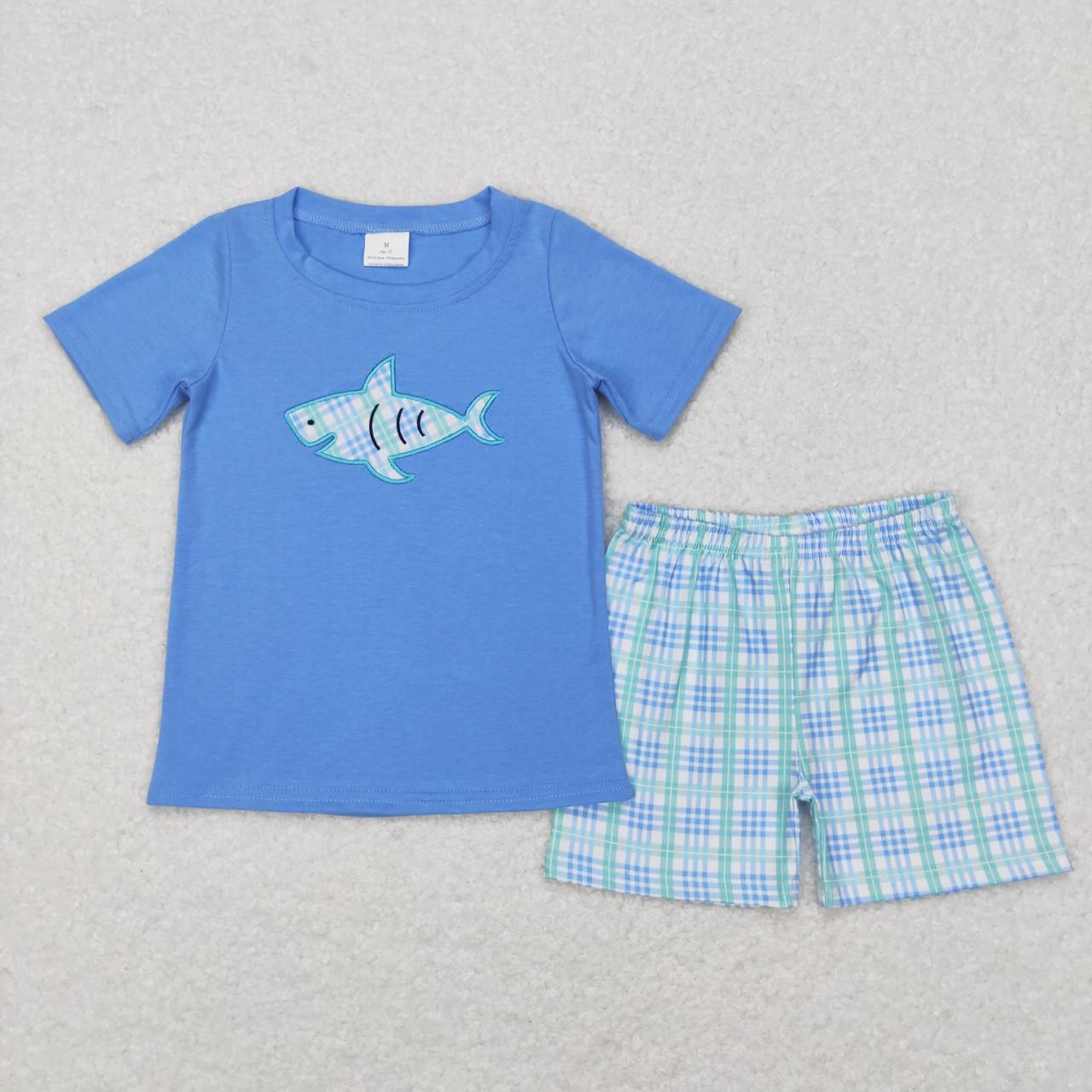 Blue whale pattern embroidery Short Boy Set