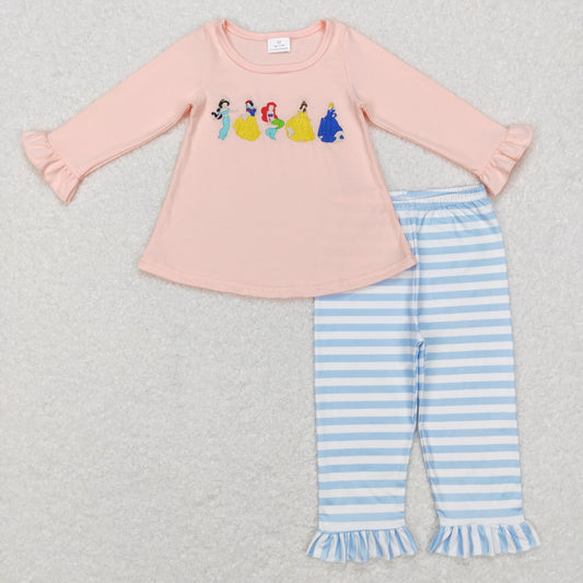 Fall Outfits Embroider Princess Print Stripe Girls Set