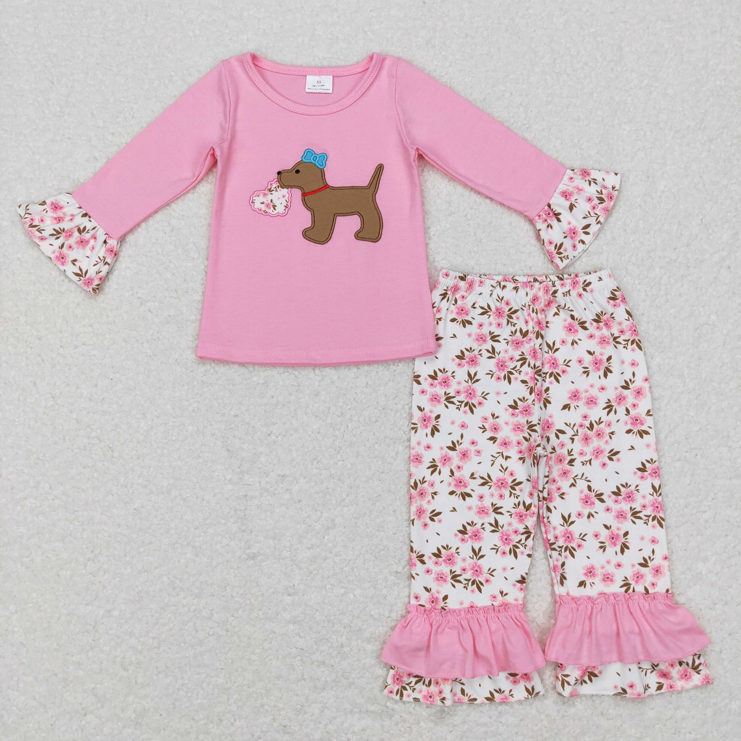 Valentine's Day Hearts Dog floral Embroidery Girls Set