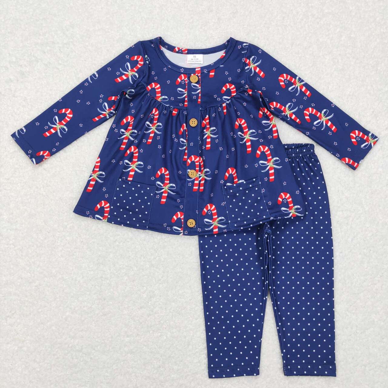 Christmas Blue Candy With Pocket Long Sleeve Pants Set