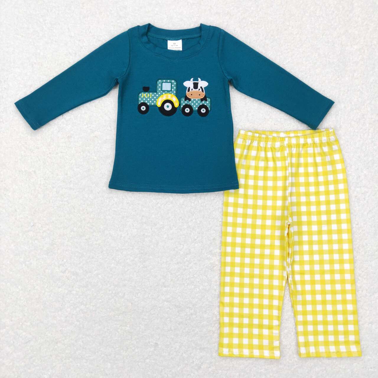 Blue embroidered Farm Plaid Print Boy Set