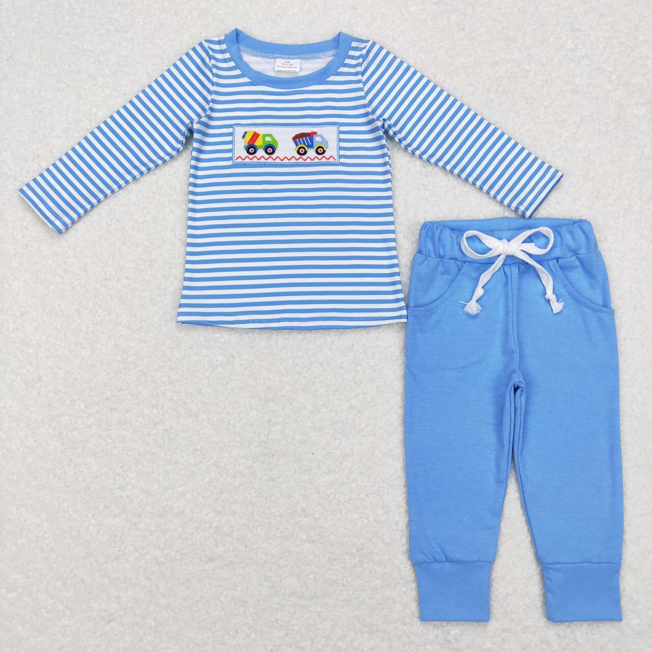 Blue Stripe embroidered Car Print Boy Set