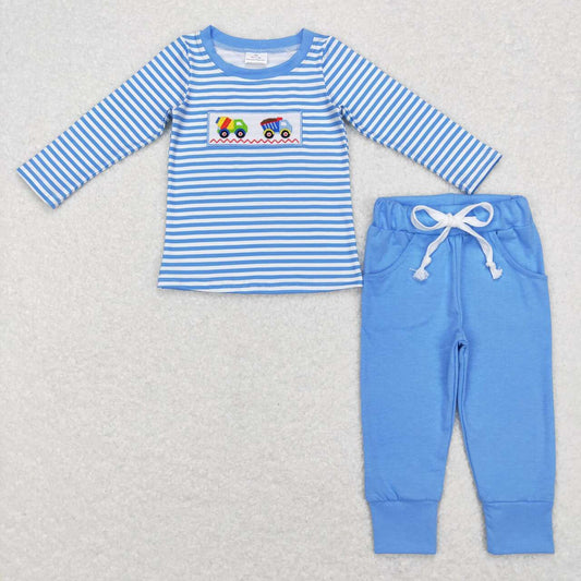 Blue Stripe embroidered Car Print Boy Set
