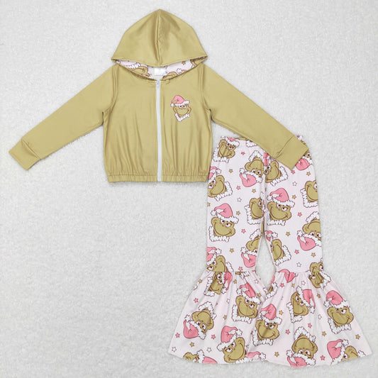 Christmas Green Cartoon With Zipper Coat Girls Set