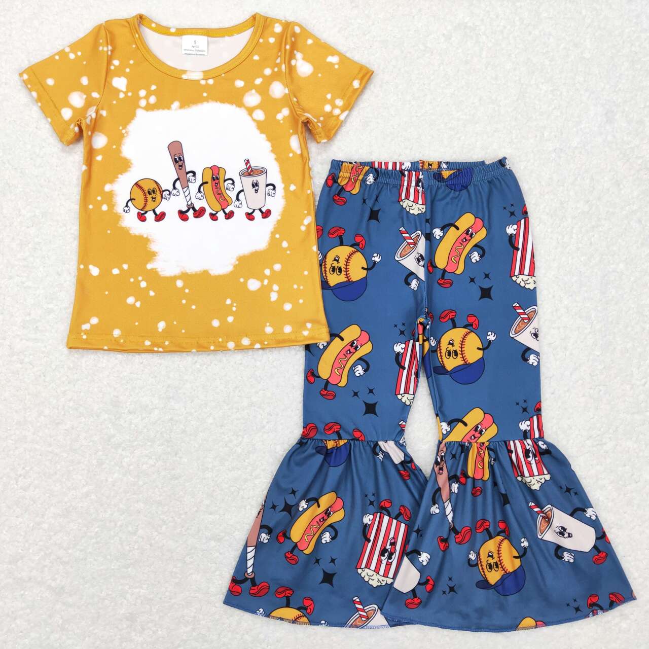 Yellow Baseball Print Bell Pant Girls Set